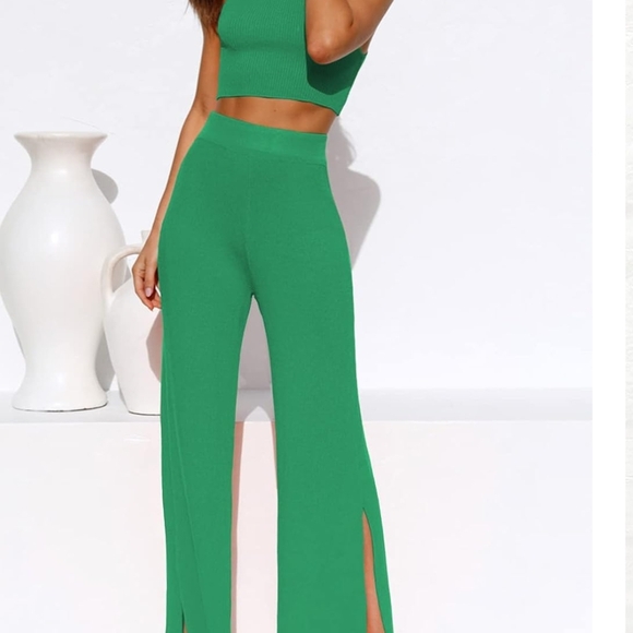 2 Piece Green Crop Top High Waist Pant Outfit - Picture 4 of 5